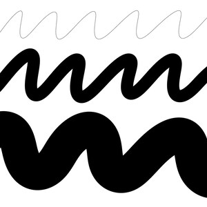 K&ouml;nnte beinhalten: Grafische Illustration mit drei Reihen von Wellenlinien. Die oberste Reihe besteht aus d&uuml;nnen, grauen Linien. Die mittlere Reihe zeigt dicke, schwarze, abgerundete Linien. Die untere Reihe zeigt eine solide, schwarze, abgerundete Welle.