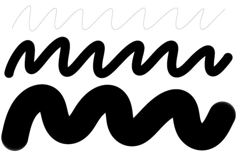 K&ouml;nnte beinhalten: Grafische Illustration mit drei Reihen von Wellenlinien. Die oberste Reihe besteht aus d&uuml;nnen, grauen Linien. Die mittlere Reihe zeigt dicke, schwarze, abgerundete Linien. Die untere Reihe zeigt eine solide, schwarze, abgerundete Welle.