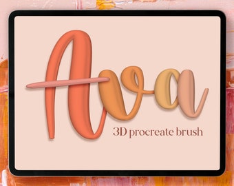 May include: A digital illustration of the word "Ava" in a 3D style with a pink, orange, and yellow color scheme. The text is displayed on a tablet screen with the words "3D procreate brush" below it.