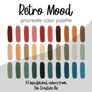 May include: A digital color palette for Procreate with 30 handpicked colors in shades of red, orange, yellow, brown, green, blue, and gray. The palette is titled "Retro Mood" and is from The Creative Bix.