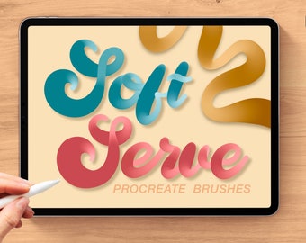 May include: A digital illustration of the words "Soft Serve" in a colorful, stylized font on a tablet screen. The text is in a gradient of blue, pink, and yellow. The words "Procreate Brushes" are displayed below the text.