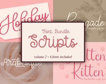 Script Font Bundle Vol. 2, 4 Hand Drawn Handmade Fonts, Handwritten, Instant Digital Download, Calligraphy Cursive Bounce Brush