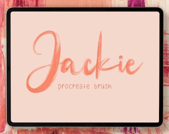 May include: A digital illustration of the word "Jackie" written in a pink brush font on a light pink background. The text "procreate brush" is written below the word "Jackie".