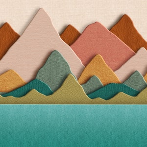 Op de afbeelding: Een digitale illustratie van een bergketen met een gelaagd papieren effect. De bergen zijn in tinten bruin, roze, groen en geel. De onderkant van de afbeelding toont een blauwe watermassa.