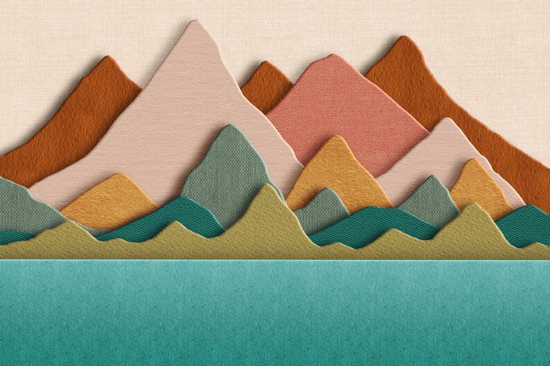 Op de afbeelding: Een digitale illustratie van een bergketen met een gelaagd papieren effect. De bergen zijn in tinten bruin, roze, groen en geel. De onderkant van de afbeelding toont een blauwe watermassa.