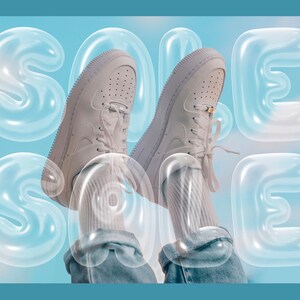 May include: A pair of white sneakers with laces, worn by a person with jeans and white socks, against a blue and white cloudy background. The word "SALE" is spelled out in large, transparent, bubble-like letters.