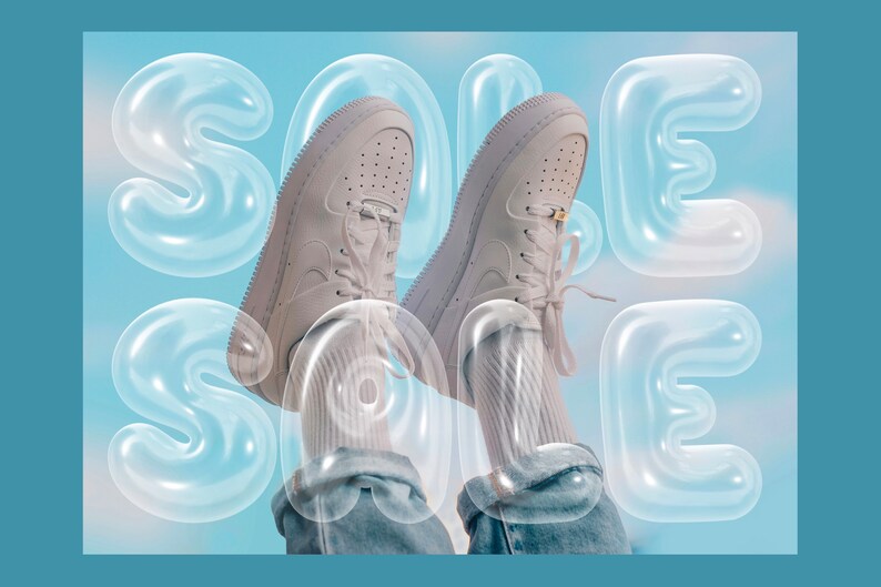 May include: A pair of white sneakers with laces, worn by a person with jeans and white socks, against a blue and white cloudy background. The word "SALE" is spelled out in large, transparent, bubble-like letters.