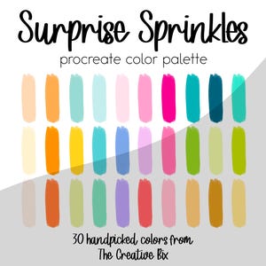 May include: A digital art colour palette titled "Surprise Sprinkles" with 30 handpicked colours. The palette features a variety of bright colours, including pinks, blues, greens, oranges, and yellows, arranged in vertical brushstroke patterns.
