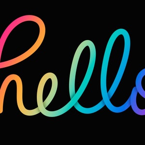 K&ouml;nnte beinhalten: Eine farbenfrohe Illustration des Wortes &bdquo;hello&ldquo; auf schwarzem Hintergrund. Das Wort ist in einer flie&szlig;enden, kursiven Schriftart geschrieben, mit einem Farbverlauf von Rot nach Violett.