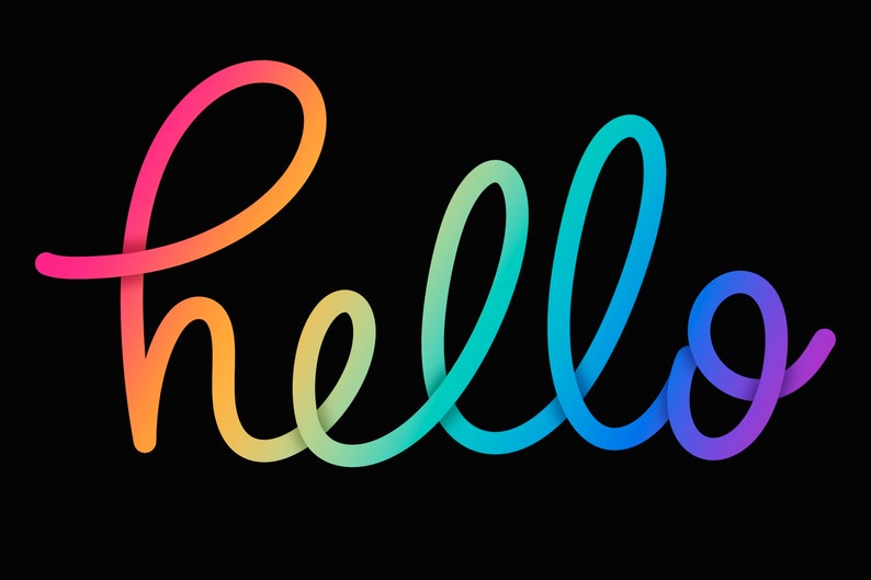 K&ouml;nnte beinhalten: Eine farbenfrohe Illustration des Wortes &bdquo;hello&ldquo; auf schwarzem Hintergrund. Das Wort ist in einer flie&szlig;enden, kursiven Schriftart geschrieben, mit einem Farbverlauf von Rot nach Violett.