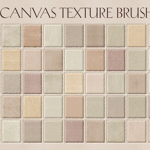 Op de afbeelding: Een set van 45 digitale canvas textuur penseel. De penseel zijn gerangschikt in een raster, met verschillende canvas texturen. De tekst "45 CANVAS TEXTURE BRUSHES" staat bovenaan de afbeelding.