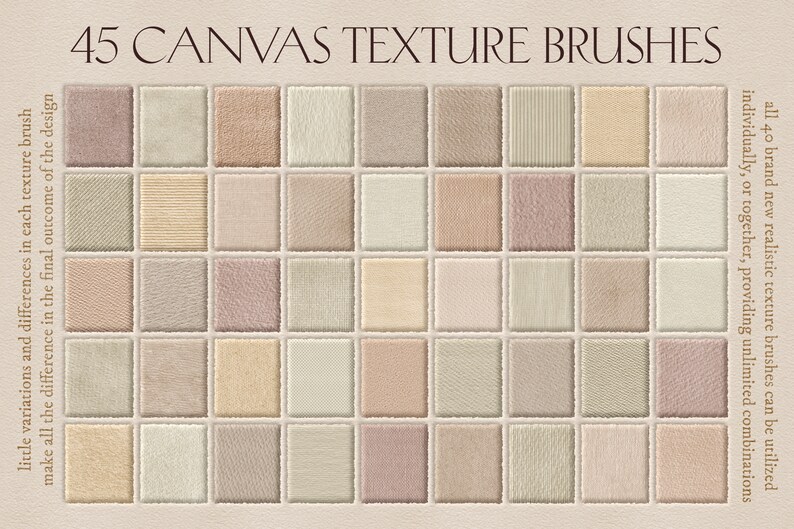 Op de afbeelding: Een set van 45 digitale canvas textuur penseel. De penseel zijn gerangschikt in een raster, met verschillende canvas texturen. De tekst "45 CANVAS TEXTURE BRUSHES" staat bovenaan de afbeelding.