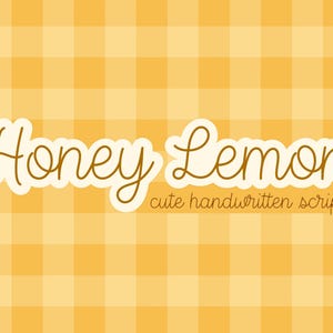 May include: Honey Lemon cute handwritten script font design on a yellow and white gingham background.