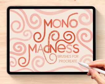May include: A digital tablet displaying a graphic design for a set of Procreate brushes called "Mono Madness". The design features a pink and red color scheme with swirls and the text "Mono Madness" and "Brushes for Procreate".