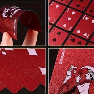May include: A set of red playing cards with a glittery finish. The cards feature traditional suits, numbers, and face cards, including a Joker card with a detailed illustration. The cards are displayed in various arrangements, showcasing their design.