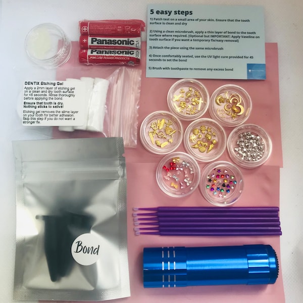 MIX Tooth Gem Kit - Juego completo de pedrería, 80 gemas diferentes, chapado en oro de 18 quilates, adhesivo de unión dental Cura de luz UV temporal / semipermanente