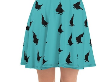 Cute Cockatiel Skater Skirt with Turquoise background, Patterned skirt for bird owners