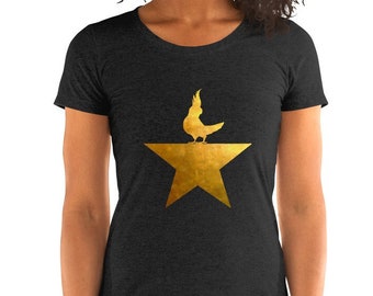 Ladies' Cockatiel Hamilton-inspired short sleeve t-shirt, gold star faux metallic, bird spoof on broadway hit