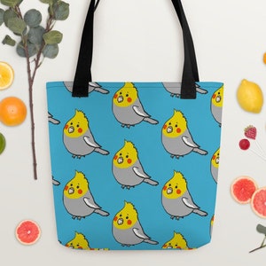 Super Lindo dibujos animados Cockatiel Tote bolsa con fondo turquesa
