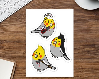 Funny Halloween Cockatiel Sticker sheet, Gifts for bird owners, Hilarious vampire, ax, and chainsaw murder birds