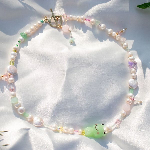 Pearl Necklace, frog necklace, lampwork beads, fairycore jewelry, handmade beaded necklace