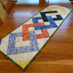 May include: A rectangular quilted table runner featuring a geometric interlocking pattern. The design consists of squares in shades of yellow, orange, blue, and dark green, set against a cream-colored background with a green fabric border.