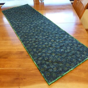 May include: A rectangular quilted table runner featuring a dark teal fabric with a repeating pattern of light green leaf outlines. The runner has a thin, bright green fabric border and diagonal stitching lines across the entire surface.