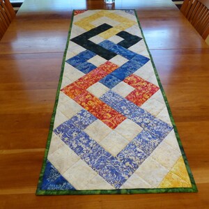 May include: A rectangular quilted table runner featuring a geometric interlocking pattern. The design consists of squares in shades of yellow, black, blue, and red, with floral and mottled fabric textures, finished with a dark green border.