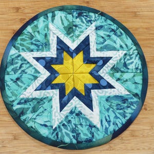 May include: Circular quilted trivet with a starburst design. The center star is yellow, surrounded by white and navy blue points. The outer ring is teal with a dark blue border. The trivet is made of fabric and has a stitched pattern.