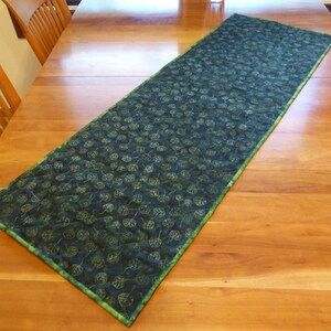 May include: A rectangular quilted table runner featuring a dark green fabric base with a repeating pattern of light green leaves. The runner has a thin, bright green fabric border along all four edges and a visible quilted texture throughout.