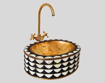 Discover Luxury Moroccan Oval Vessel Sink in Black Resin and Bone, Handcrafted Bathroom Vessel Sink