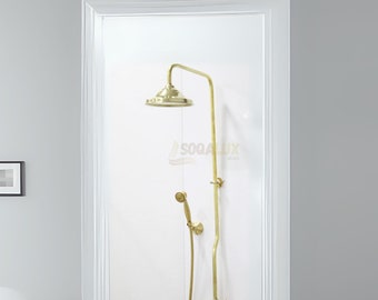 Unlacquered Brass Shower System, Handheld And Vintage Head Combo, High Pressure Brass Hose, Exposed Pipe Design