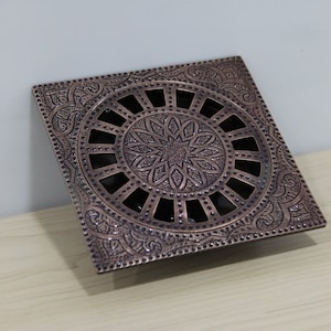 Square Floor Drain - Engraved Antique Copper Shower Drain, Handmade in Morocco, Unique Etched Drain, Handcrafted Decor