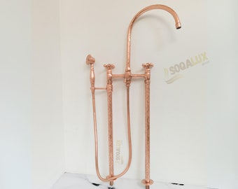 Unlacquered Solid copper Floor Mounted Tub Filler With Handshower Engraved