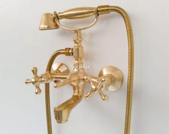 Unlacquered Brass Faucet, Wall Mount Bathtub Tub Filler And Shower System with Flat Handle, Telephone Tub Filler