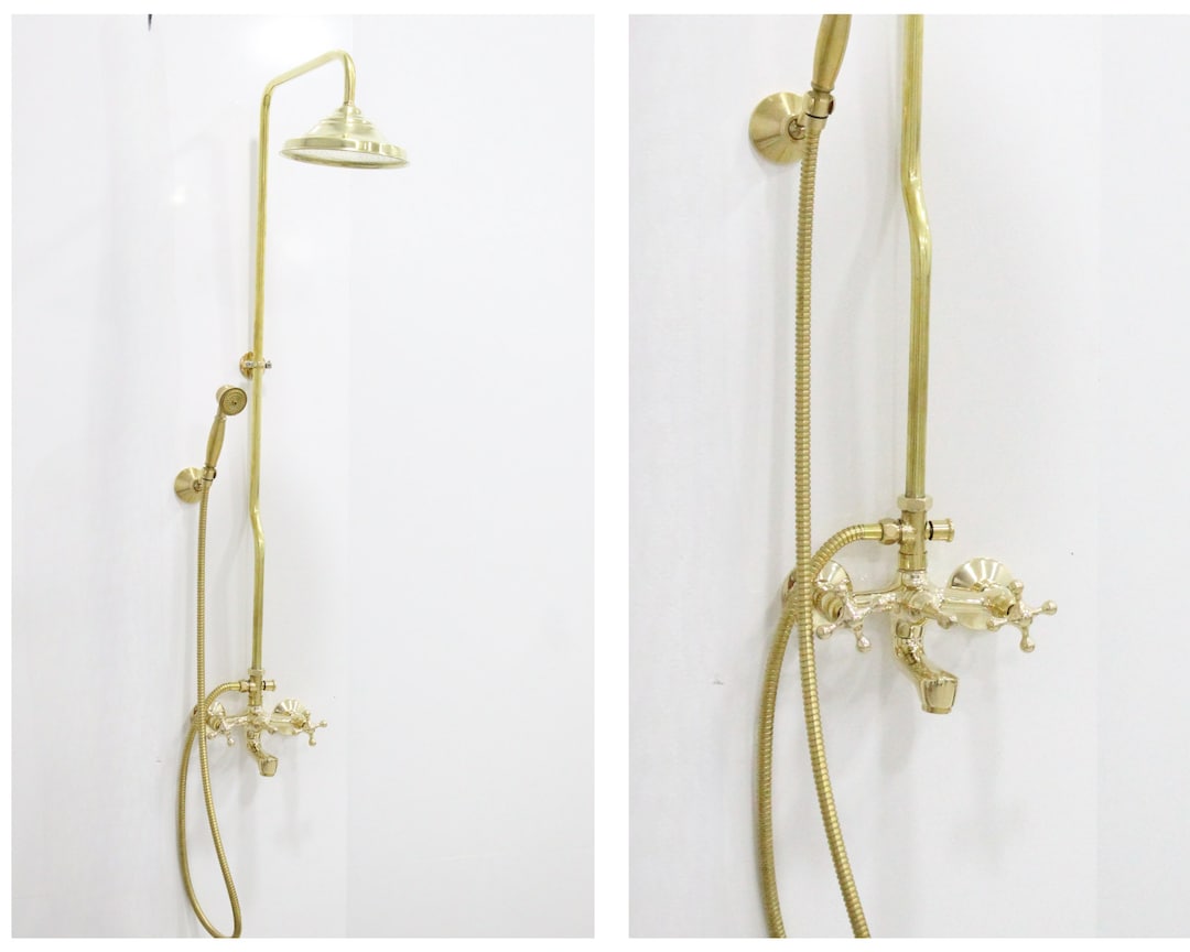 Unlacquered Brass Shower System With Tub Filler, and Hand Shower