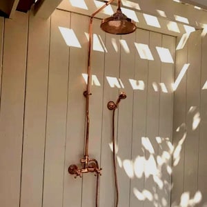 Unlacquered Solid Copper Outdoor Shower with Copper Showerhead.