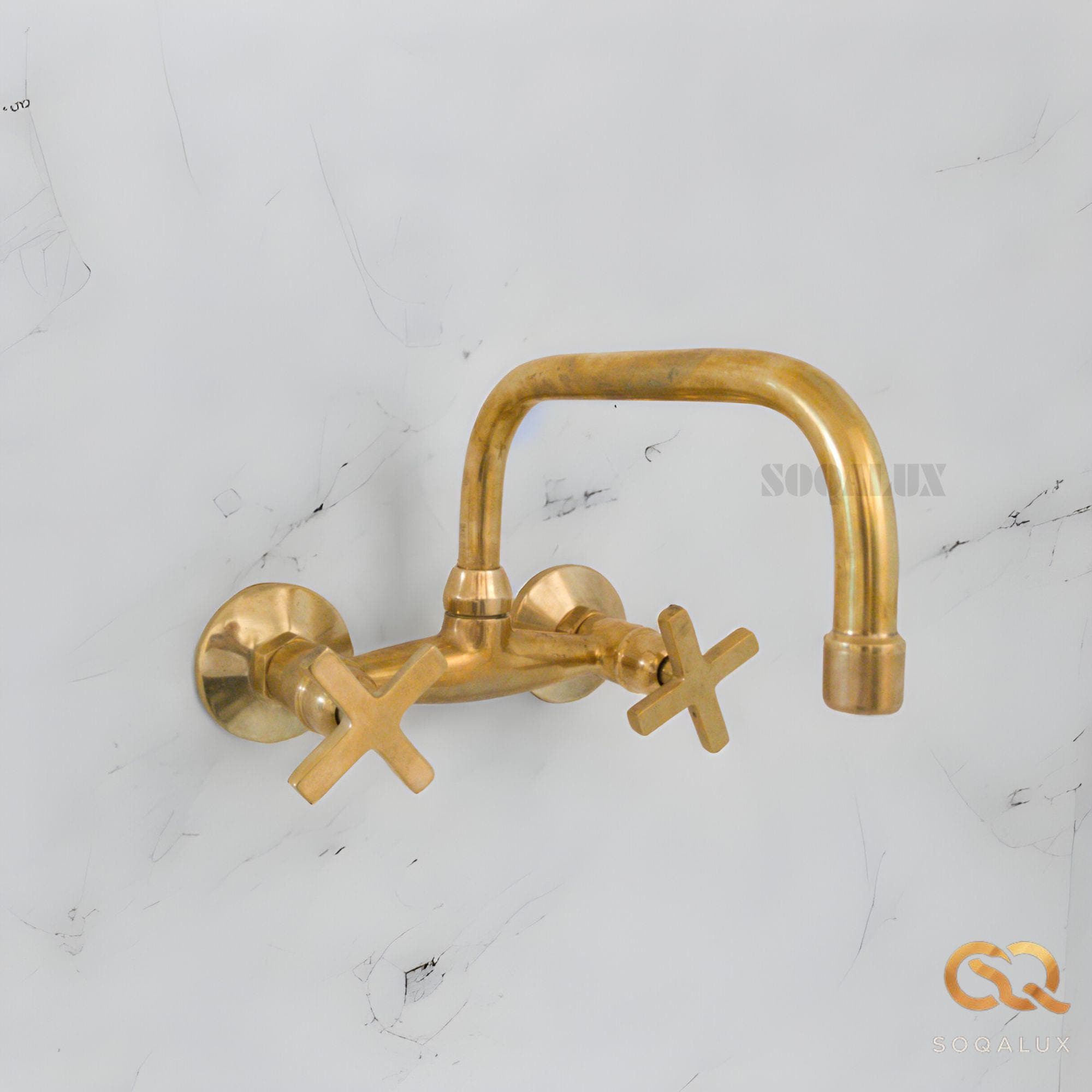 Unlacquered Brass Bathroom Sink Faucet, Solid Brass Wall Mounted Faucet - Picture 10 of 11