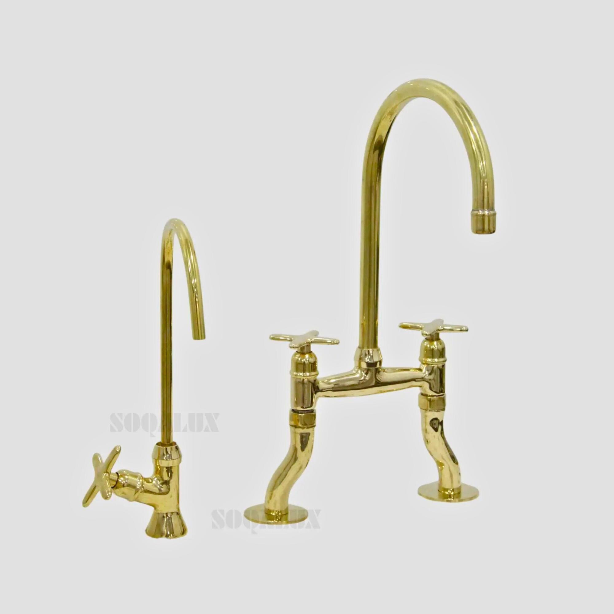 Solid Brass Kitchen Faucet, Antique Unlacquered Brass Faucet , 6 style Handles - Picture 8 of 11
