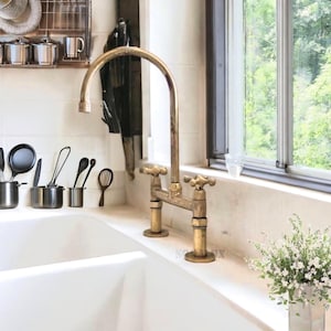 Brass Faucet - Unlacquered Solid Brass Sink Fixture with Various Handles And Straight Legs, Antique Kitchen Bridge Faucet