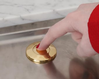 May include: A circular, polished gold-tone metal sink drain stopper with a smooth, reflective surface. The stopper is set into a stainless steel sink basin, featuring a simple, flat design that sits flush against the surrounding metal surface.