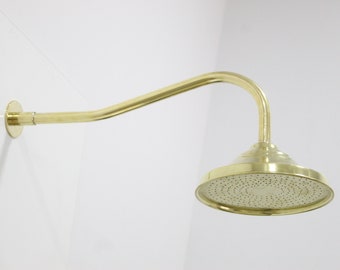 Unlacquered Brass Round Shower Head, With Curved Arm Extension