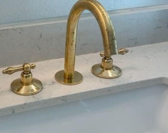 Unlacquered Brass Bathroom Faucet: Widespread Dual Handle 3-Hole Sink.