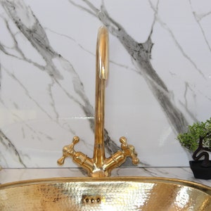 Gooseneck Bathroom Solid Brass Faucet, Unlacquered Brass Faucet with Simple Cross Handles