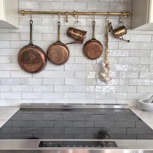 Unlacquered Solid Brass Pot Rail with S Hooks: Custom Kitchen Pot & Pan Hanging Rack.