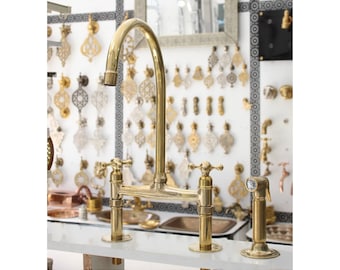 Unlacquered Brass Bridge Kitchen Faucet  Handles A 2 style 8" Spread With Sprayer