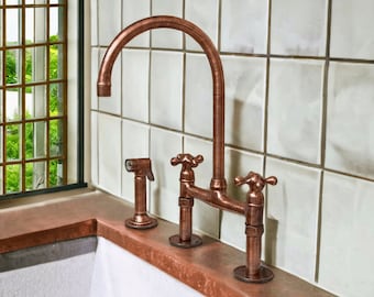 Unlacquered Copper Kitchen Bridge Faucet, 8-Inch Kitchen Sink Tap.