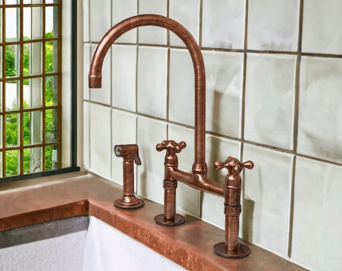 Featured listing image: Unlacquered Solid Copper Kitchen Faucet, with Straight Legs, Copper kitchen faucet, Bridge faucet