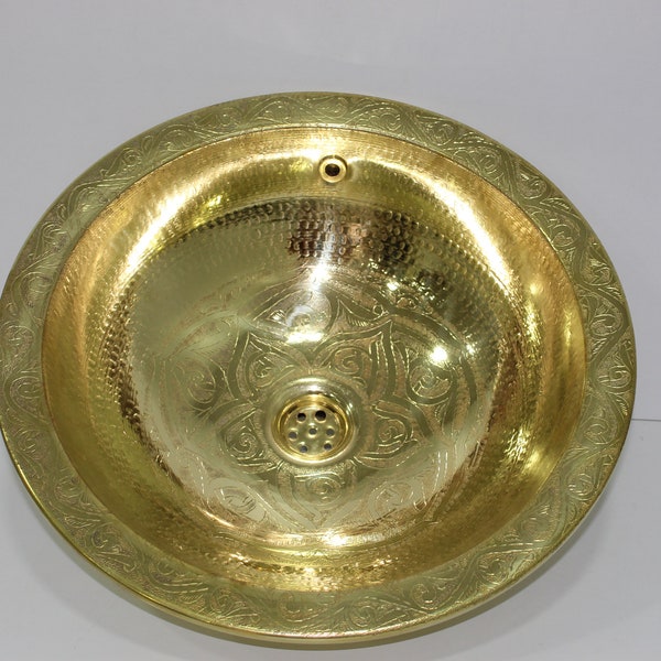 Solid Brass antique Engraved Sink, Bowl dropped in Bathroom Sink , Vintage vanity , unlacquered brass handmade