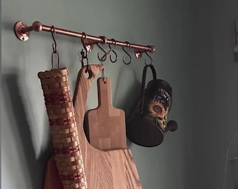 Estante para ollas de cobre sin lacar para la cocina, riel para ollas o sartenes con ganchos en forma de S.
